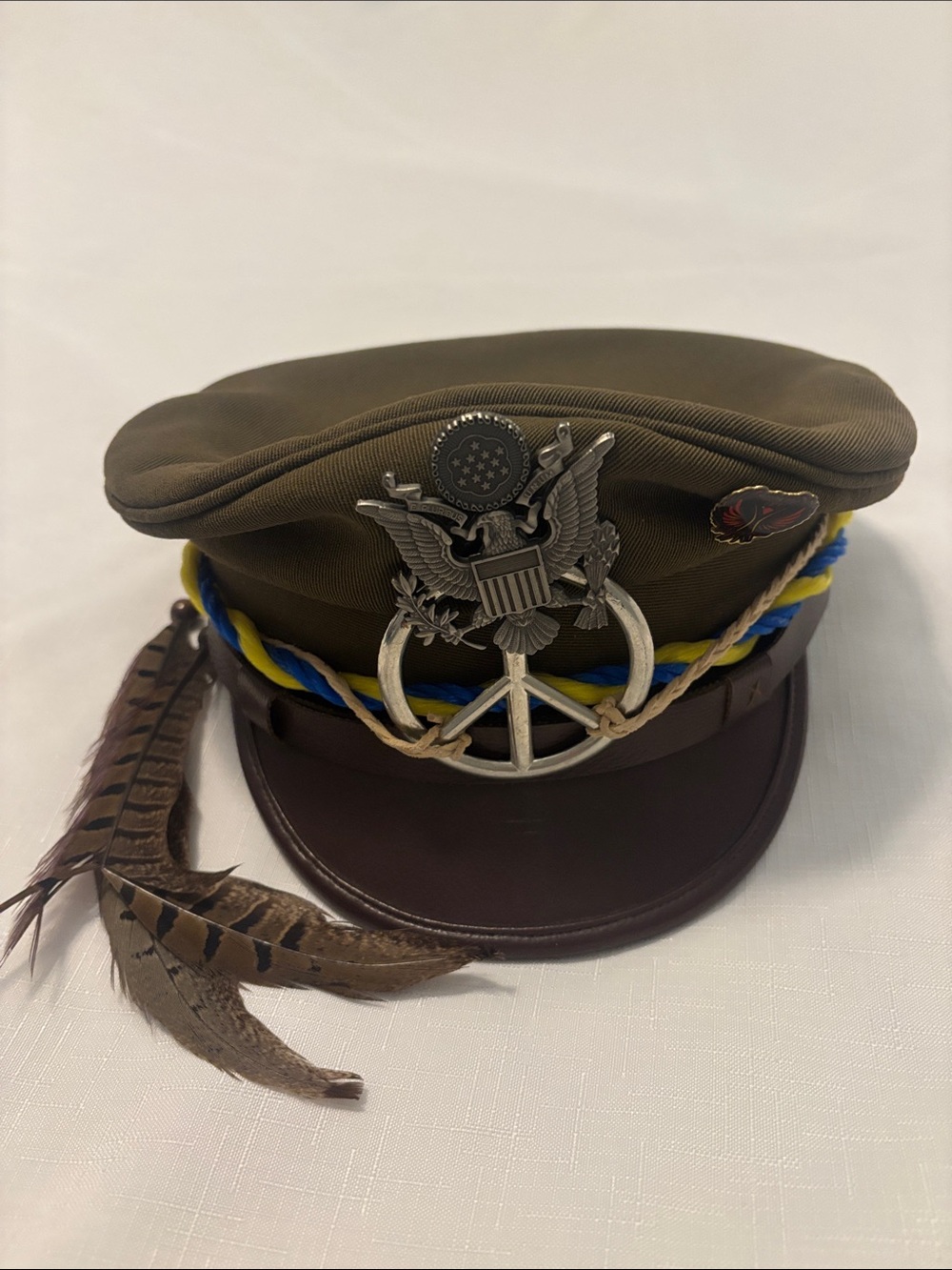 Burning Man custom Military Style Olive Green Peaked Cap w/Braided Trim Peace